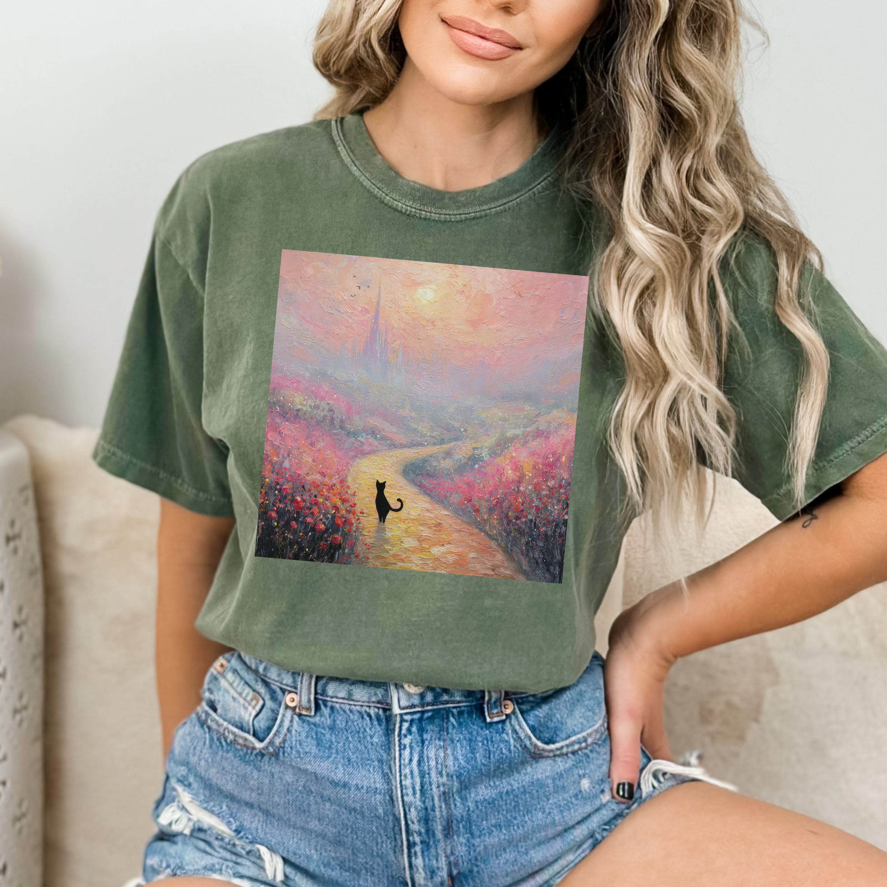 Pink Emerald City Monet Cat Comfort Colors Tshirt