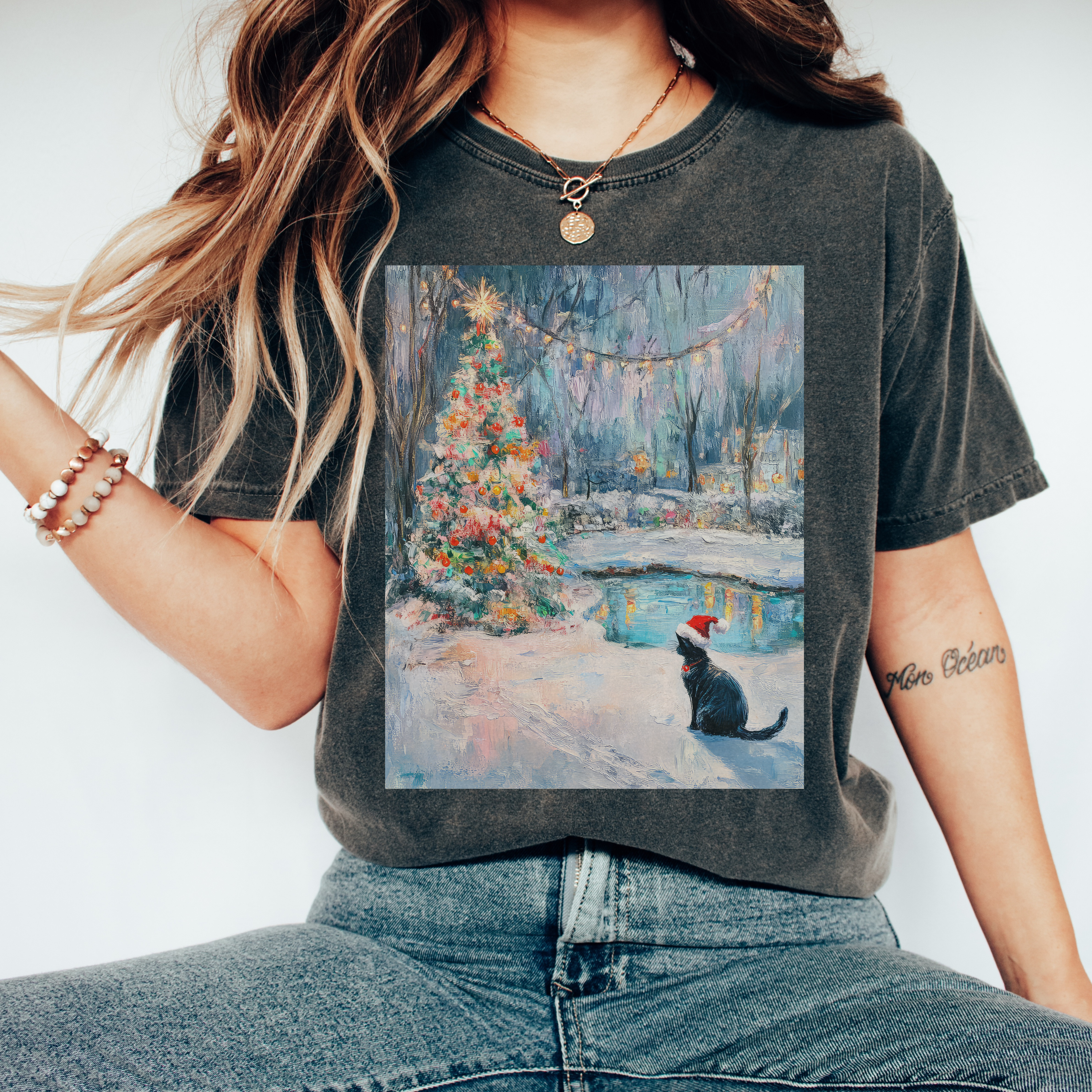 Christmas Monet Cat Comfort Colors Tshirt