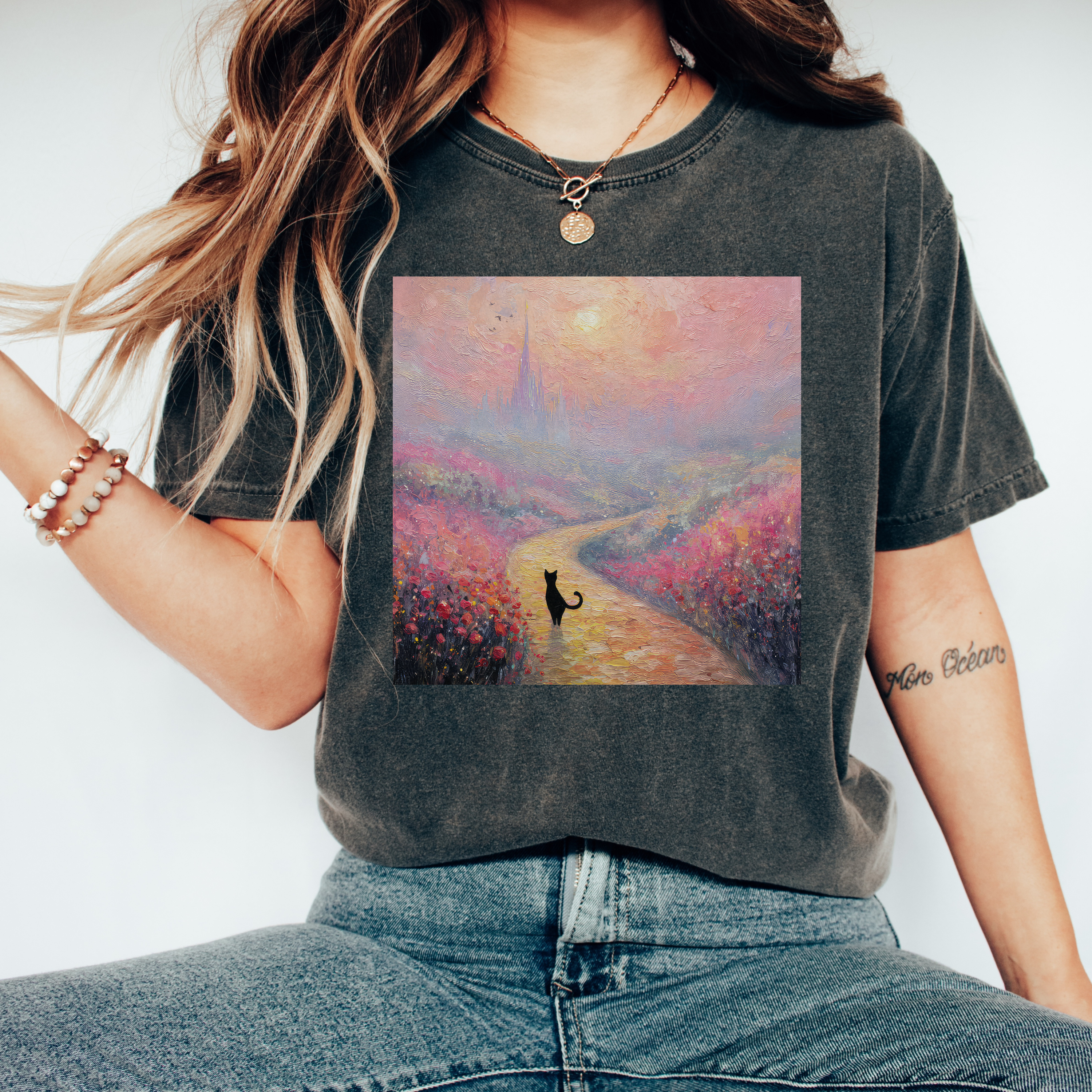 Pink Emerald City Monet Cat Comfort Colors Tshirt